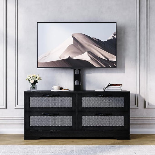 GarveeHome 4 Drawer Dresser TV Stand with Mount, XXX Inch Rattan Entertainment Center for TVs Up to 70 Inch, Farmhouse Wooden Media Console for Living Room, Bedroom, Black