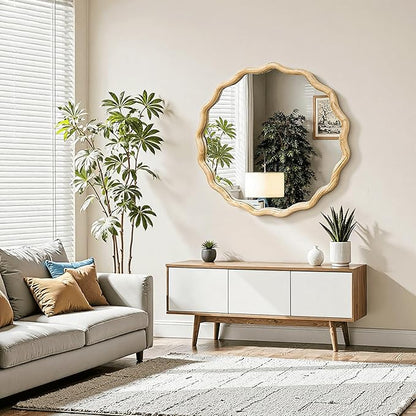 Circle Wood Mirrors for Wall, Wavy Round Bathroom Scalloped Mirror Wooden Frame 24 Inch for Living Room Farmhouse Bedroom Hallway Entryway Living Room with Shatterproof Glass Wall Mounted