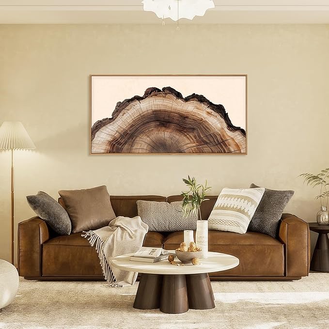 KAIRNE Vintage Tree Rings Framed Canvas Wall Art Set, Retro Wood Stump Wall Decor, Neutral Tree Spiral Art Prints, Modern Annual Ring Artwork for Living Room, Bedroom, Farmhouse, Office-40 x20 x1