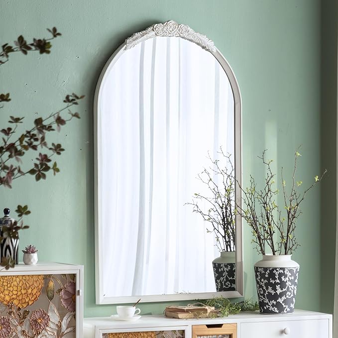 ZIYOO Vintage Arched Floor Or Wall Mirror Distressed White Carved Wood with Floral Carved Top, French Country Style Decorative Mirror for Wall Decor Bedroom, Living Room, Entryway, White, 51" x 30"