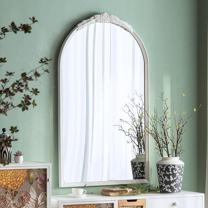 ZIYOO Vintage Arched Floor Or Wall Mirror Distressed White Carved Wood with Floral Carved Top, French Country Style Decorative Mirror for Wall Decor Bedroom, Living Room, Entryway, White, 51" x 30"