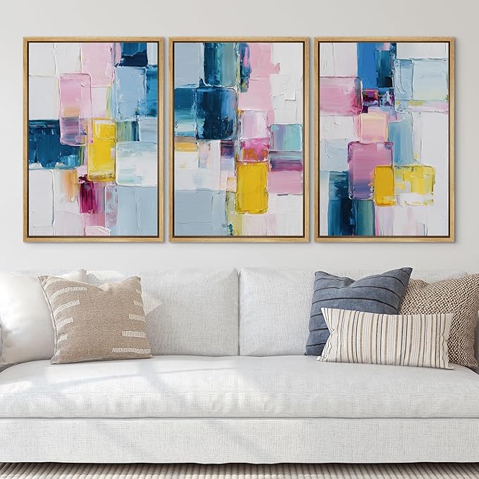 SIGNLEADER Framed Canvas Print Wall Art Set Vibrant Colorful Block Abstract Bold Pink Blue Illustrations Minimal Decorative Bohemian Nordic for Living Room, Bedroom, Office - 16"x24"x3 NATURAL