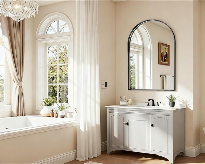 Arched Bathroom Mirror, 30x40 Inch Black Arched Wall Mirror with Metal Deep Frame, Arch Mirrors for Wall Decor, Vanity, Entryway, Living Room