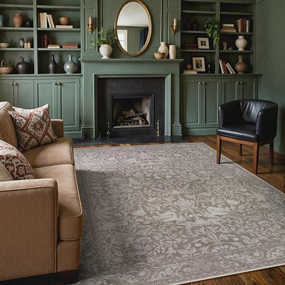 Lahome Bird Washable Area Rugs 5x7, Soft 5x7 Rug for Living Room Bedroom, Non Slip Low Pile Stain Resistance Botanical Vintage Carpet for Dining Room Office, Hemp/Taupe