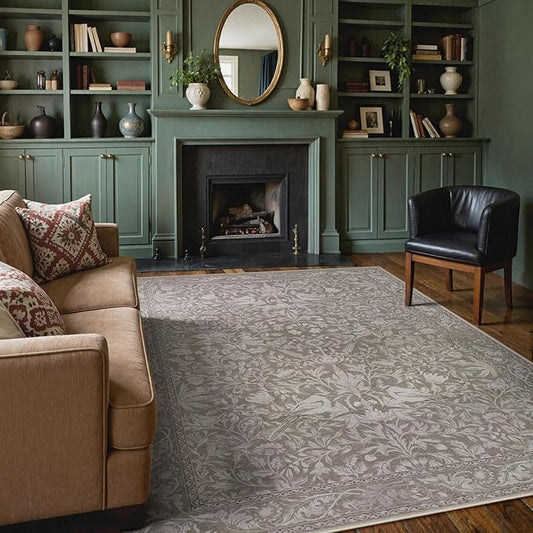 Lahome Bird Washable Area Rugs 5x7, Soft 5x7 Rug for Living Room Bedroom, Non Slip Low Pile Stain Resistance Botanical Vintage Carpet for Dining Room Office, Hemp/Taupe