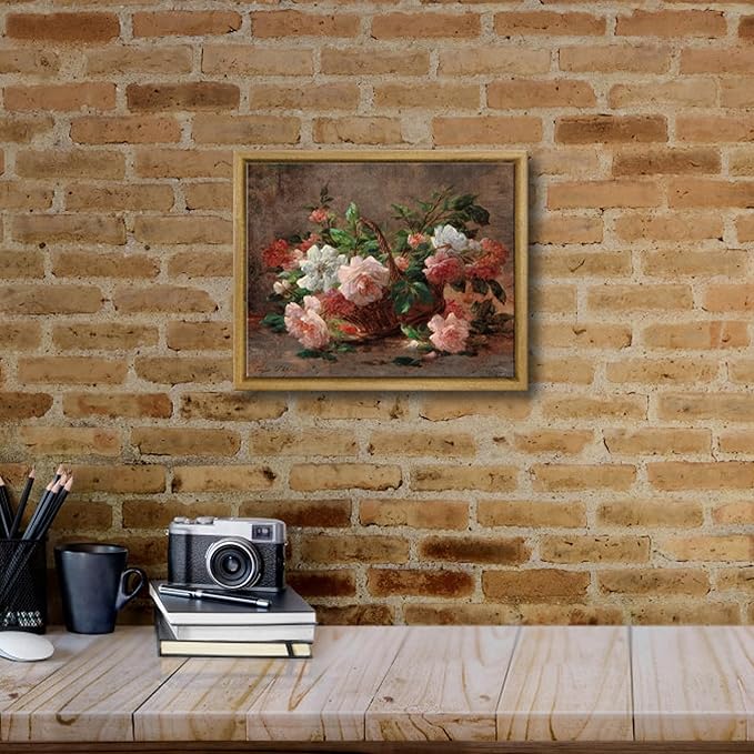 Pyradecor Vintage Wall Decor Retro Framed Canvas Wall Art A Basket with Roses Classical Floral Painting for Living Room Bedroom Farmhouse Decorations