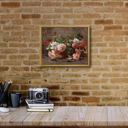 Pyradecor Vintage Wall Decor Retro Framed Canvas Wall Art A Basket with Roses Classical Floral Painting for Living Room Bedroom Farmhouse Decorations