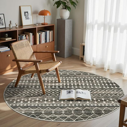 Miukiki Round Rugs 8ft Washable Moroccan Circle Rug for Living Room Non Slip Indoor Floor Carpet Foldable Area Rug for Dining Room with Low PileBlack,8'x8'
