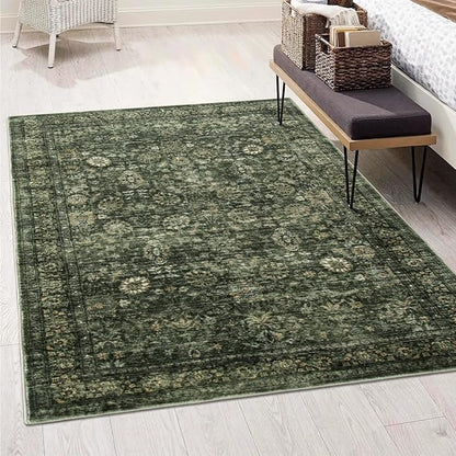 Morebes Washable Dark Green Area Rugs 6x9, Vintage Boho Large Living Room Rugs Non Slip, Distressed Soft Indoor Accent Floor Mat Throw Carpet for Nursery Kitchen Coffee Table Dining Dorm