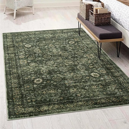 Morebes Washable Green Area Rugs 4x6, Vintage Boho Rugs for Bedroom, Soft Distressed Indoor Floor Non-Slip Non-Shedding Living Room Throw Carpet for Kitchen Dining Playroom Entryway Christmas Decor