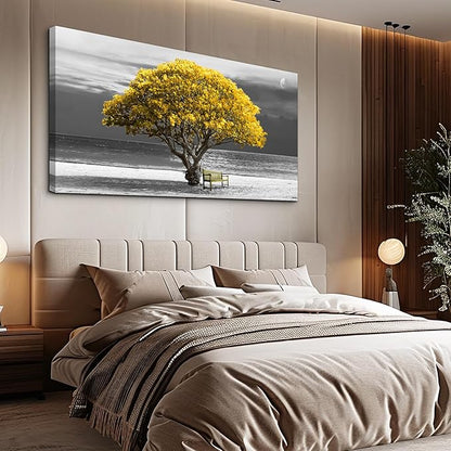 wall art for living room Decorations Photo Prints - panoramic black and white with yellow trees The moon scenery - Modern Home Decor The room Stretched and Framed Ready to Hang artwork 24X48inches