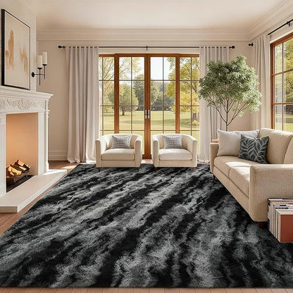 Area Rugs for Living Room, 4x6 Feet Soft Fluffy Shagg Plush Rug High Pile Large Non-Slip Floor Carpet for Bedroom Nursery Dorm Decor Aesthetic Black