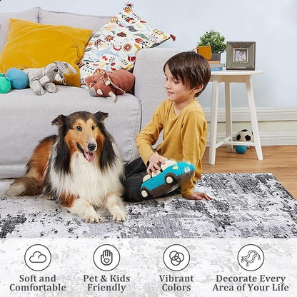 ROYHOME 9x12 Modern Abstract Accent Rug Non Slip for Living Room Stain Resistant Throw Rug Low Pile Machine Washable Indoor Floor Cover for Bedroom Office Home Decor, Grey