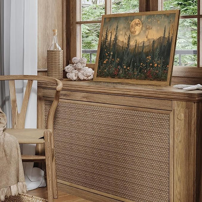 Vintage Nature Forest Wall Art Dark Moon Landscape Painting Wall Decor Woodland Picture Artwork 3D Textured Hand Drawn Sandstone for Farmhouse Bedroom Living Room 16x24 inch Wood Framed