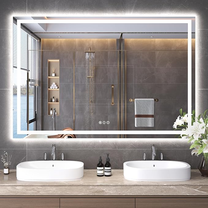 Snowdool 60"X40" LED Bathroom Mirror with Front Lights and Backlit, Anti-Fog, Dimmable, Shatter-Proof Tempered Glass, Lighted Bathroom Vanity Mirror for Wall with 3 Colors, Memory Function