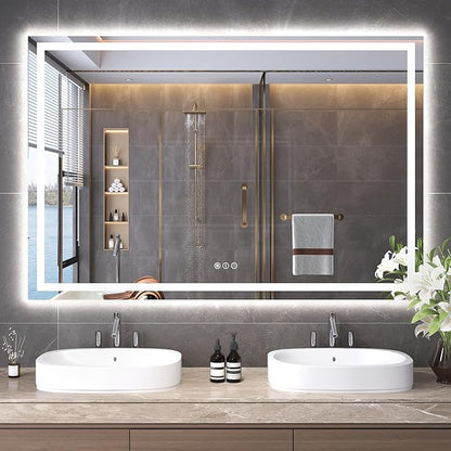 Snowdool 60"X40" LED Bathroom Mirror with Front Lights and Backlit, Anti-Fog, Dimmable, Shatter-Proof Tempered Glass, Lighted Bathroom Vanity Mirror for Wall with 3 Colors, Memory Function