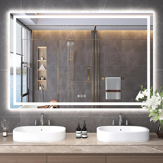 Snowdool 60"X40" LED Bathroom Mirror with Front Lights and Backlit, Anti-Fog, Dimmable, Shatter-Proof Tempered Glass, Lighted Bathroom Vanity Mirror for Wall with 3 Colors, Memory Function