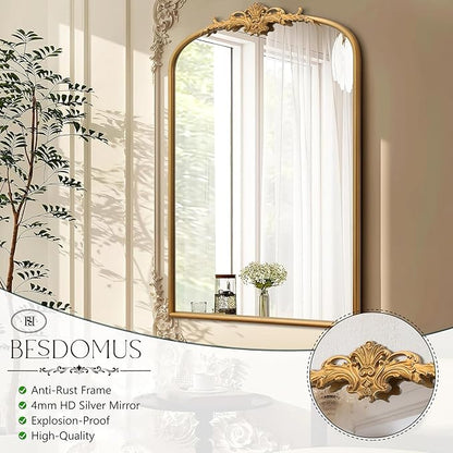 Besdomus Antique Arched Wall Mirror: 24"x36" French Large Arch Gleaming Gold Vintage Wall Mounted Mirror - Traditional Ornate Home Decor for Entryway/Fireplace/Bathroom - Idea for Homemakers