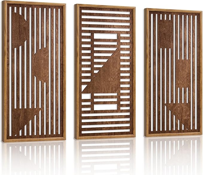 HPNIUB 3PCS Wooden Geometric Wall Decor, Modern Stripes Wood Design Wall Sculpture for Living Room, Vintage Minimalist Mid Century Rectangle Wood Sign Geometry Artwork for Home Bedroom(8x16Inch)