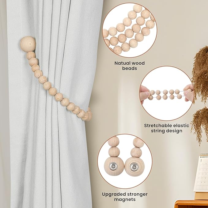 KLOGTSIND Magnetic Curtain Tiebacks, Curtain Tie Backs for Curtains 4 Pack, Wood Bead Curtain Tiebacks, Curtain Holders for Boho Bedroom Decor, Baby Nursery Decor, Farmhouse Décor