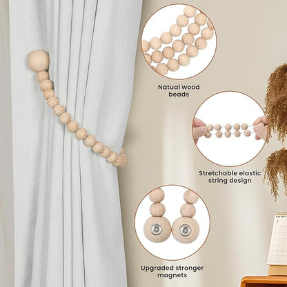 KLOGTSIND Magnetic Curtain Tiebacks, Curtain Tie Backs for Curtains 4 Pack, Wood Bead Curtain Tiebacks, Curtain Holders for Boho Bedroom Decor, Baby Nursery Decor, Farmhouse Décor