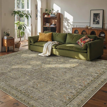 Rugxara 8x10 Area Rugs for Living Room Bedroom, Large Washable Rug, Vintage Floral Boho Rug, Non Slip & Low Pile Faux Wool Thin Carpet for Indoor Dining Room and Kids Room(Olive Brown 8x10ft)