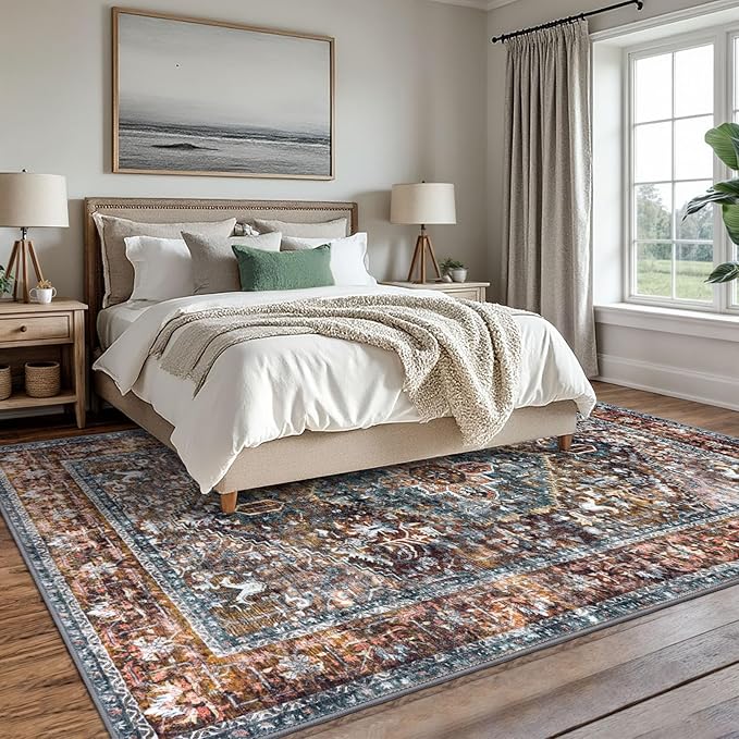 KOZYFLY Boho Area Rug 8x10 Ft Thin Rugs for Living Room Washable Bedroom Rug Non Slip Rugs Printed Faux Wool Vintage Bedroom Rug Floor Carpet for Dining Room Living Room, Brick Red/Orange/Green