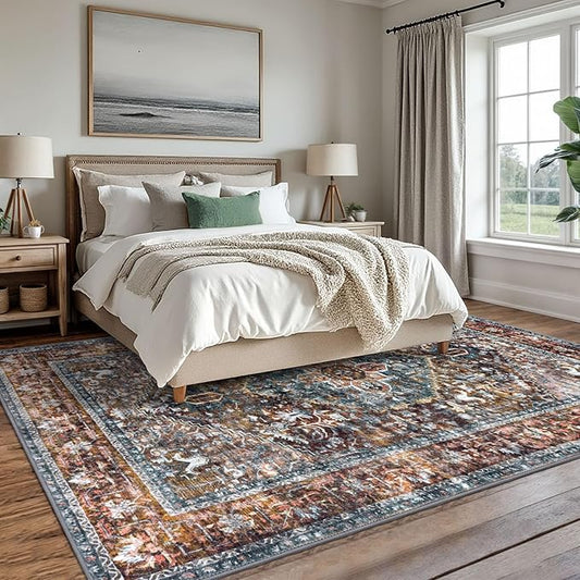 KOZYFLY Boho Area Rug 8x10 Ft Thin Rugs for Living Room Washable Bedroom Rug Non Slip Rugs Printed Faux Wool Vintage Bedroom Rug Floor Carpet for Dining Room Living Room, Brick Red/Orange/Green