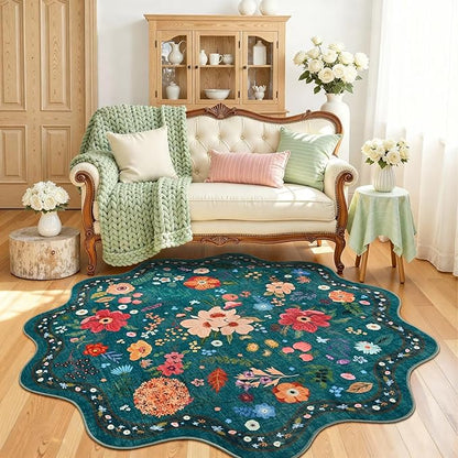 Macgace Dark Green Round Rug for Girls Bedroom, 5ft Machine Washable Floral Area Rugs with Non Slip Backing, Cute Flower Carpet Kitchen Living Room Kids Playroom Decor