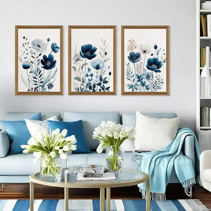 DUWQU 3 Pieces Blue Floral Canvas Wall Art, Wood Framed Navy Blue Wildflower Lily Daisy Wall Decor, Watercolor Botanical Flower Home Poster Art Prints for Living Room Bedroom Bathroom 20×30 Inches