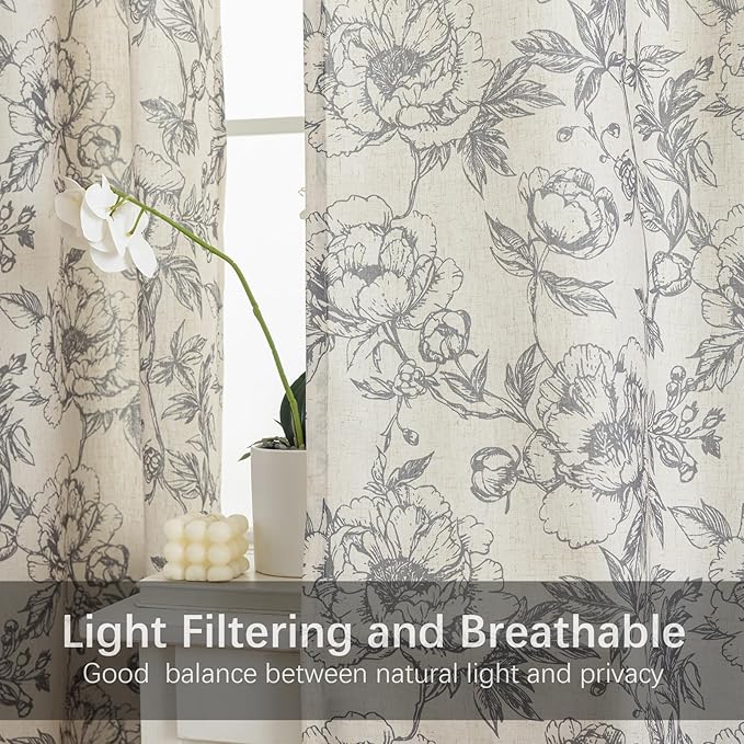Taupe Floral Curtains for Living Room 108 Inches Long 2 Panels French Country Romantic Peony Patterned Vintage Farmhouse Linen Curtains Grommet Retro Window Treatments,50" W X 108" L