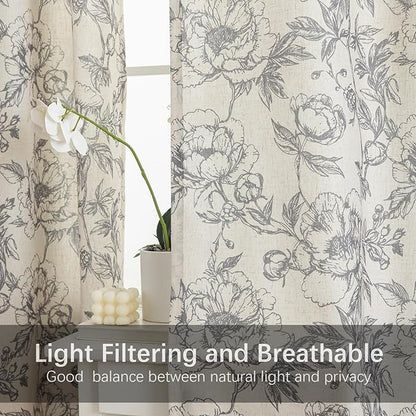 Taupe Floral Curtains for Living Room 108 Inches Long 2 Panels French Country Romantic Peony Patterned Vintage Farmhouse Linen Curtains Grommet Retro Window Treatments,50" W X 108" L