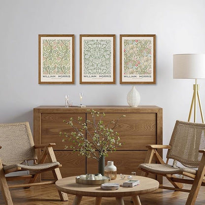JLTULT 3 Piece Wood Frames Vintage Floral Canvas Wall Art, William Morris Flower Pattern Wall Decor, Nature Botanical Picture Artwork Prints for Living Room Bedroom Office 12x16 inch Easy to hang