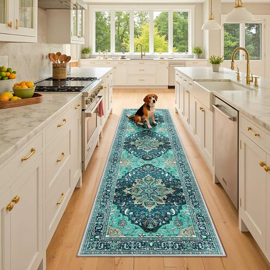 RELEANY Area Rugs 2'6"x8' Runner Rug Non Slip Washable for Kitchen Hallway Bedroom Beside Laundry Room Bathroom Rug, Floor Carpet, Teal Green Lake Blue Turquoise
