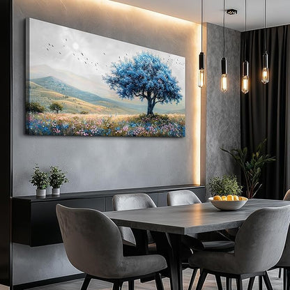 KELIYUAN Large Farmhouse Wall Decor For Living Room Frame Wall Art For Bedroom Office Decoration Field Scenery Wall Painting Blue Trees Artwork canva Pictures Modern Aesthetics Home Decor 30x60In