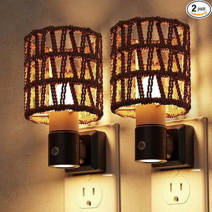 L LOHAS LED Night Lights Plug into Wall, 2 Pack Cylindrical Ironwork Boho Lampshade Decor Night Light, 350° Rotatable Dusk to Dawn Sensor Vintage Nightlight, Dimmable for Bedroom Living Room Hallway