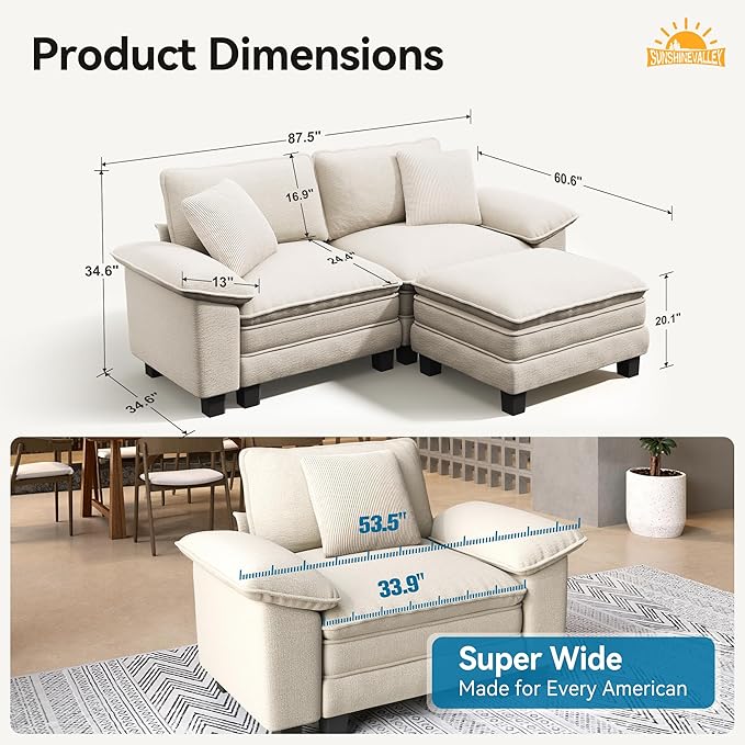 SUNSHINE VALLEY Sectional Loveseat with Ottoman, 87.5'' Oversized Chenille Love Seat Modular Sofa Couch with Pillow, 3-Seat Modern L Shaped Cloud Deep Seat for Bedroom Small Space, Beige