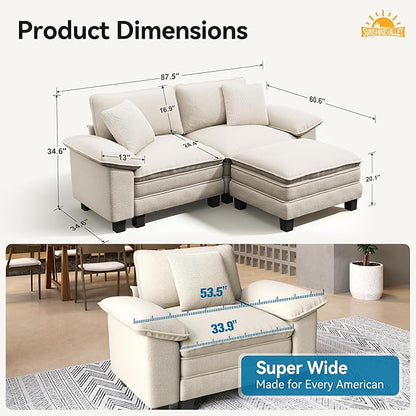 SUNSHINE VALLEY Sectional Loveseat with Ottoman, 87.5'' Oversized Chenille Love Seat Modular Sofa Couch with Pillow, 3-Seat Modern L Shaped Cloud Deep Seat for Bedroom Small Space, Beige