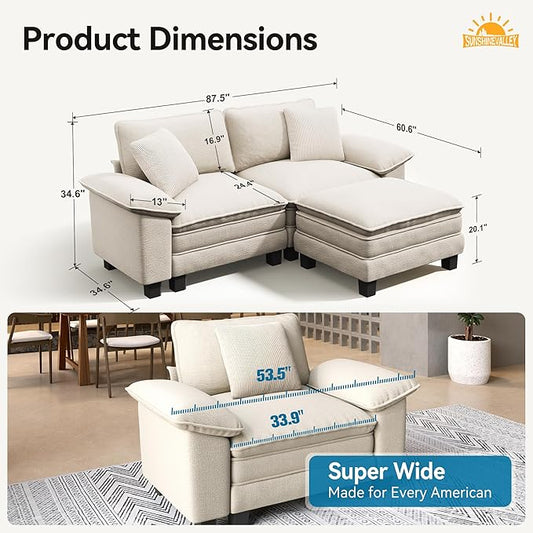 SUNSHINE VALLEY Sectional Loveseat with Ottoman, 87.5'' Oversized Chenille Love Seat Modular Sofa Couch with Pillow, 3-Seat Modern L Shaped Cloud Deep Seat for Bedroom Small Space, Beige