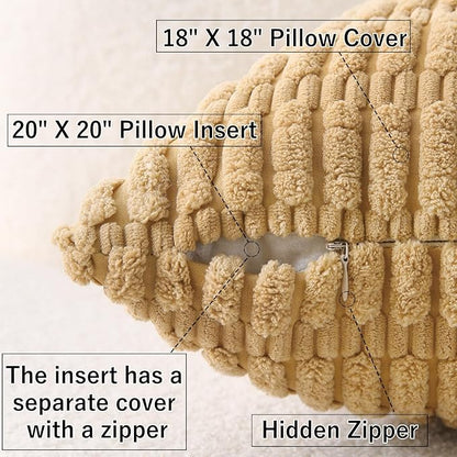2 Pack Corduroy Decorative Throw Pillow with Inserts, 18x18 Inch Soft Boho Throw Pillow, Square Striped Throw Pillows for Couch, Bed, Sofa Decor (Golden Brown)