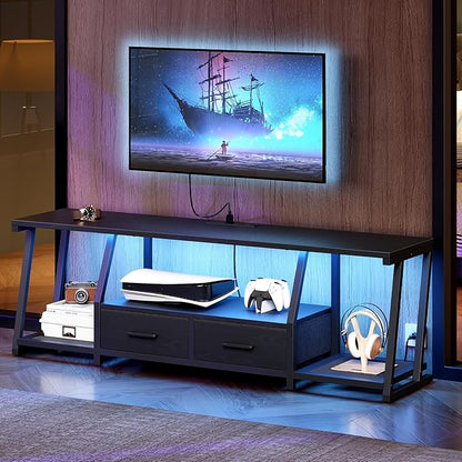 RALGEND LED TV Stand for 75 Inch TV, Entertainment Center with Open Shelves and Power Outlets, TV Console Table with Fabric Drawers, Media Console for Living Room, Bedroom, Black