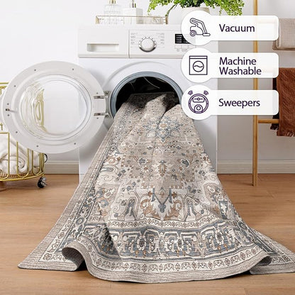 DEXI Area Rugs for Living Room, Washable Low Pile Vintage Traditional Rug for Bedroom, Non Slip Indoor Carpet for Dining Office Nursery, 5x8, Beige Blue