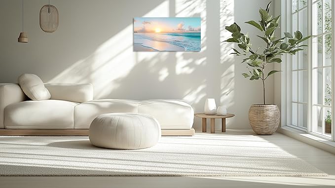 TutuBeer Beach Pictures Wall Art Beach Canvas Wall Art White Ocean at Sunrise Print on Canvas Seascape Paintings Coastal Picture Framed Artwork for Bathroom Living Room Office Home Decor 12" x 24"