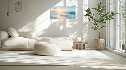 TutuBeer Beach Pictures Wall Art Beach Canvas Wall Art White Ocean at Sunrise Print on Canvas Seascape Paintings Coastal Picture Framed Artwork for Bathroom Living Room Office Home Decor 12" x 24"