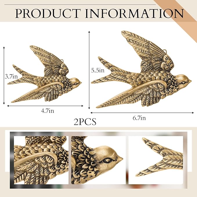Kathfly 2 Pcs Vintage Bird Wall Sculpture Decor Art 4.7 Inch&6.7 Inch Antique 3D Sculpted Hanging Bird Resin Wall Art Golden Brass Floating Ornament for Room Garden Outdoor for Couples Housewarming