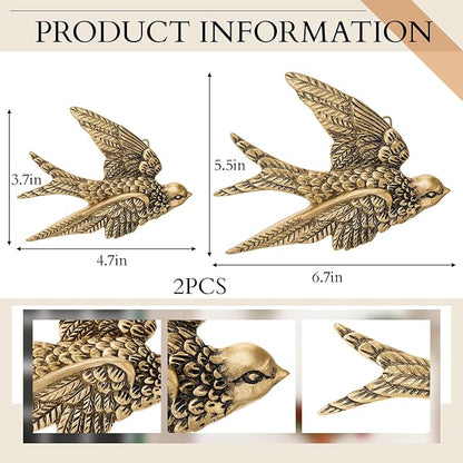 Kathfly 2 Pcs Vintage Bird Wall Sculpture Decor Art 4.7 Inch&6.7 Inch Antique 3D Sculpted Hanging Bird Resin Wall Art Golden Brass Floating Ornament for Room Garden Outdoor for Couples Housewarming