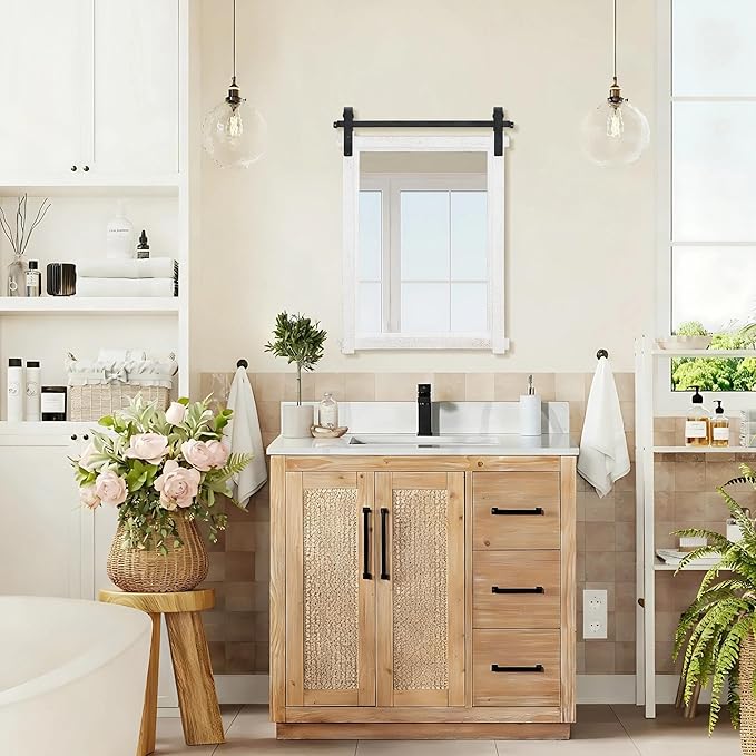 Besdomus Farmhouse Bathroom Wall Mirror: 22"x30" White Barn Door Solid Cedar Wood Frame Vanity Mirror - Rustic Bathroom Over Sink/Living Room/Hallway - Modern Rustic Decor for Housewife