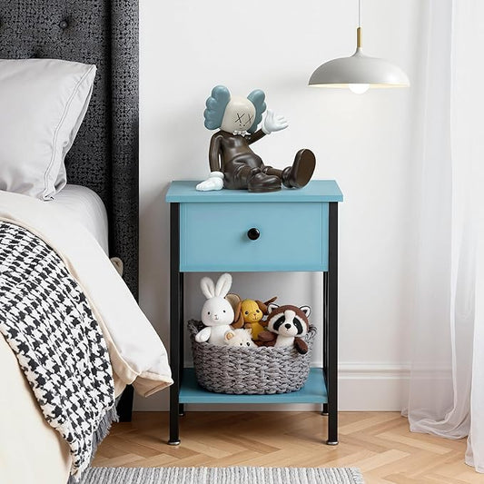 VECELO Nightstand,Modern Bedside End Table, Night Stand with Drawer and Storage Shelf for Living Room Bedroom, Industrial Metal Frame