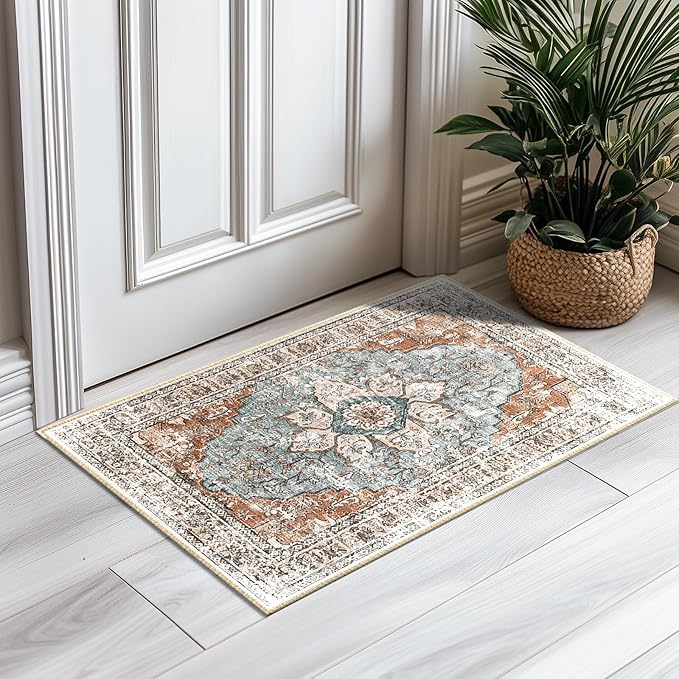 BESTSWEETIE 2x3 Area Rug Washable Rugs for Living Room, No Pile Boho Carpet for Entryway Bedroom Dinning Room, Vintage Carpet Print Distressed Non-Slip, 2 x 3 ft, Green Brick Rust Red