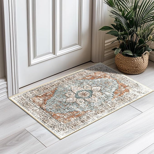 BESTSWEETIE 2x3 Area Rug Washable Rugs for Living Room, No Pile Boho Carpet for Entryway Bedroom Dinning Room, Vintage Carpet Print Distressed Non-Slip, 2 x 3 ft, Green Brick Rust Red